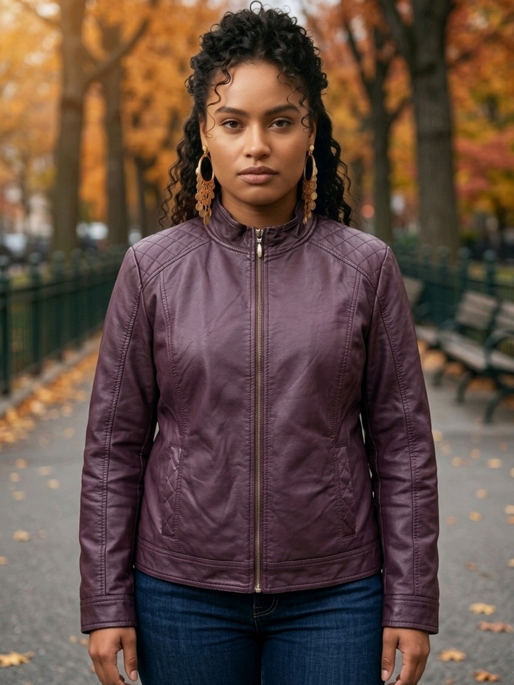Christopher & Banks Plum Faux Leather Zip Jacket With Shoulder Detail